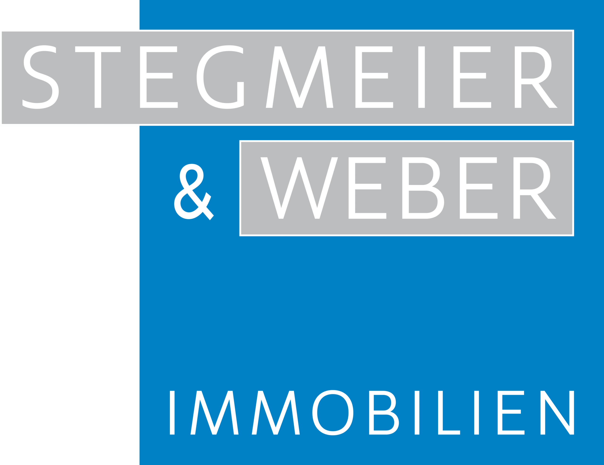 Logo von Stegmeier & Weber Immobilien mit weißer Schrift auf blauem Hintergrund und grauen Akzenten.